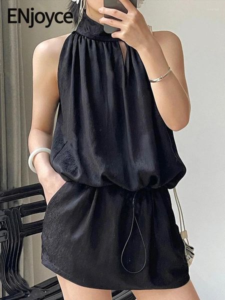 Повседневные платья 2024 летние женщины винтажные минималистские стиль без рукавов талия чернокожие дамы корейская мода Элегантное мини -платье сексуальное наряд