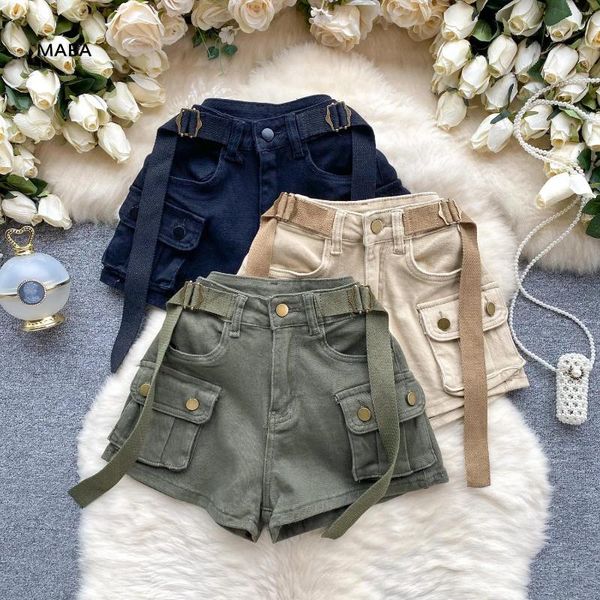 Shorts femininos 2024 Verão coreano Mulheres esbeltas retro casual cintura alta bolso preto damasco verde menina