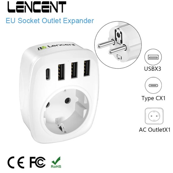 Chargers Lencent EU Extlet Outlet Expander Wall USB -зарядное устройство с 1 выходом AC 3 USB -порты и 1 Travel Adapter Type C 4000 Вт для путешествий домой