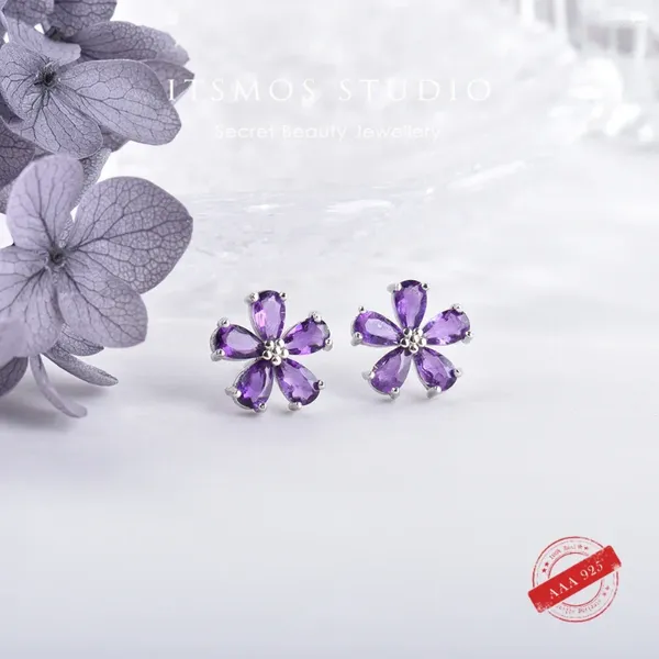 Orecchini per borchie Itsmos Purple Ameetyst Flower S925 Sterling Silver Crystal Row Studs Prettici gioielli per donne Regali per la mamma