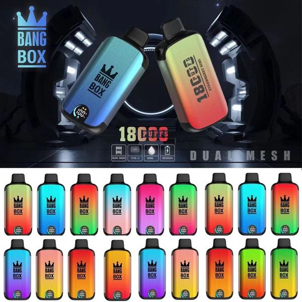 Bang Box 18000 Puffs Pen descartável 26 ml de cartucho pré-preenchido Bateria recarregável Bateria de suco de tela inteligente de tela inteligente bobina de malha dupla vs puff 15k 20k soff 12000 12k 15000 9k Bar