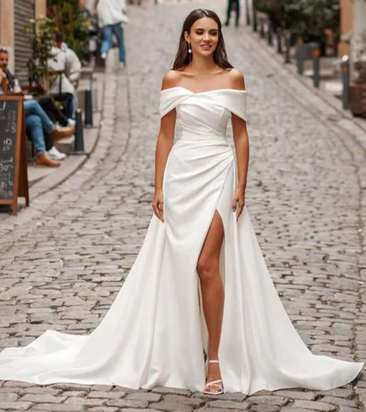 Elegante Meerjungfrau Hochzeitskleid von der Schulter weich Satin Long Brautkleider Seitenschlitz abnehmbarer Zug Vestido de Noivas Rode de Morrie Custom Made gemacht