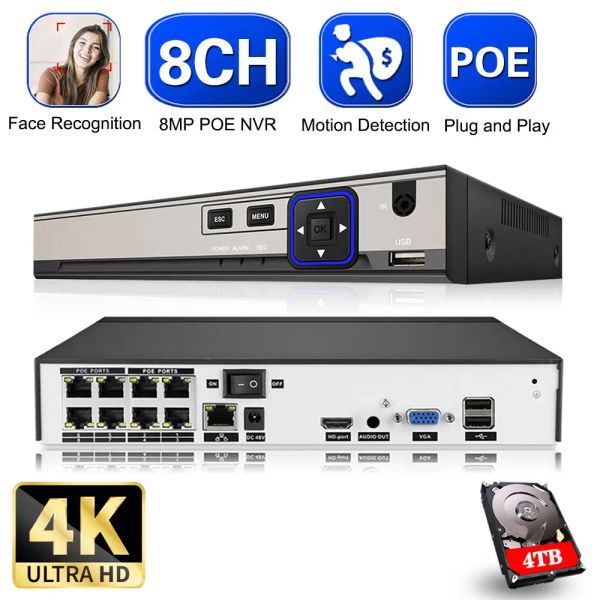 Lente 8MP Detecção de face 4CH 8CH POE 4K NVR H.265 NVR REGORDADOR DE VÍDEO DE REDE 8 CANNIAL 1 HDD 24/7 Gravação Câmera IP 2.6 P2P Sistema