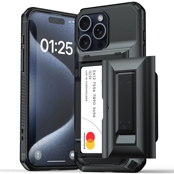 Slot per la scheda Kickstand Black Case Kickstand Premium Telefono pesante TPU PC Affronta per iPhone 15 14 13 12 11 Pro Max Mini XR XS X 6 7 8 Plus
