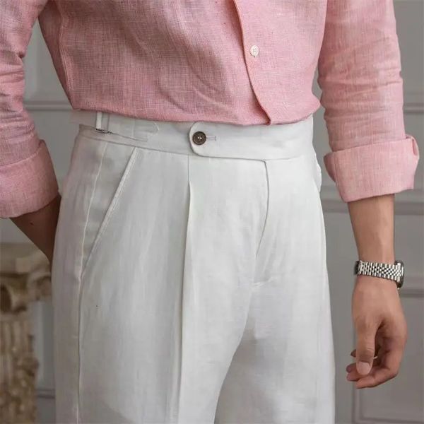 Calça italiana de linho 100% Homens de cintura alta calça reta calça calças casuais de moda leve da primavera do verão 240421