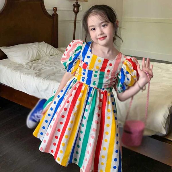 Vestidos de menina Vestido de bebê de verão, listra colorida Todller Princesa vestidos DOT Crianças vestido de manga Puff Baptism Roupas para meninas 3-8y H240423