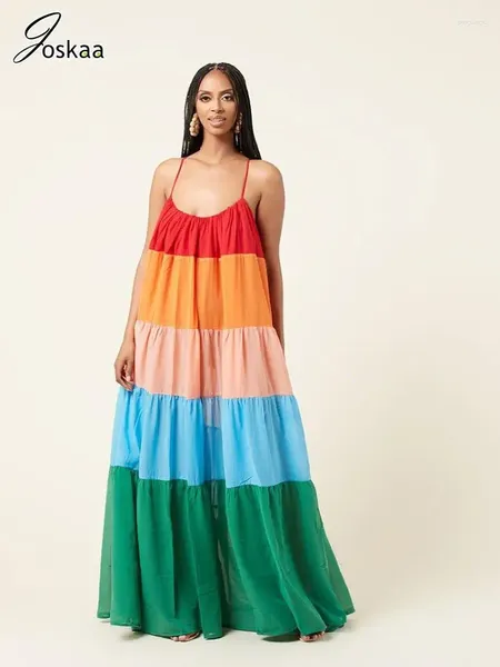 Abiti casual Joskaa Stampa colorata Maxi Women Hipster Spaghetti Cinturino Abito a basso taglio Sumpi Summer 2024 Outfit per le vacanze sulla spiaggia