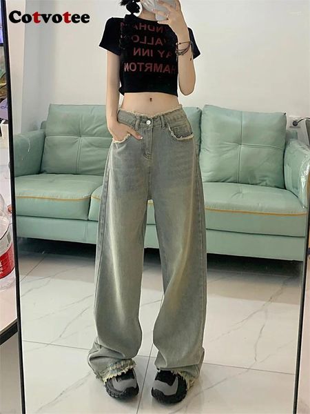 Frauen Jeans Cotvotee Lose für Frauen 2024 Fashion Chic Vintage Streetwear lässig Solid dünne Taschen Taschen mit hoher Taille