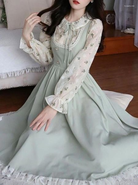 Vestimentos de trabalho japonês kawaii lolita conjunto de 2 peças feminino coreano suspenso de renda traje feminino floral chiffon doce verde midi