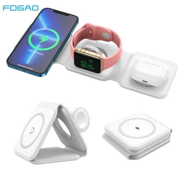 Chargers 15W 3in1 Caricatore wireless pieghevole per iPhone 12 13 14Pro Max Magnetic Fast Charging Dock Stand per Apple Watch AirPods Portable