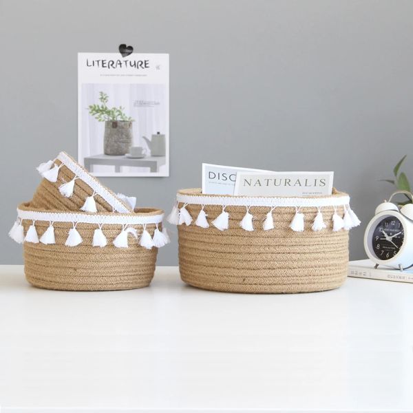 Körbe Rattan Basket 20,5 x 9,5 cm runde Baumwollseil -Strickkorb für Kinderspielzeug Kosmetik Kindergarten Hemmter Hauszubehör