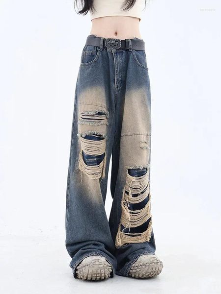 Jeans femininos Vintage Moda coreana Y2K Streetwear rasgou Harajuku Mulheres casuais calças de jeans de pernas largas