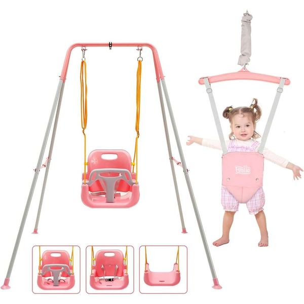 Funlio 2 em 1 conjunto de balanços para criança saltador bebê jumper pesado garotas Bouncer Swing com 4 sacos de areia de metal dobrável Play interno/externo Fácil de montar - rosa