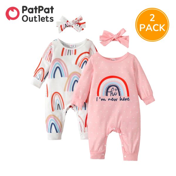 Одноказки Patpat 2pack Компания для маленькой девочки одежда новорожденных новорожденных новорожденный радужный принт Longsleeve Snap Комплект