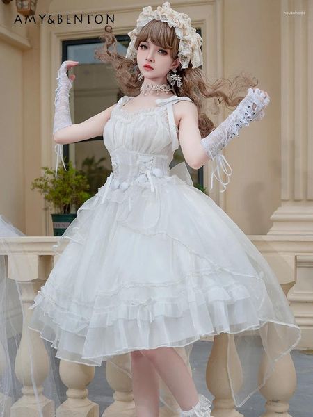 Vestidos casuais design original lolita vestido de baile para mulheres elegância princesa branca doce menina laço laço up slim mini