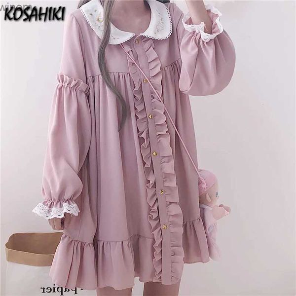 Городские сексуальные платья Kosahiki 2024 Лето милые платья Женщины Harajuku Pink Ladies Ruffle кружево патч Kawaii платье