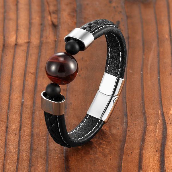 Fios Novo domineering 18mm Natural Red Tiger Eye Sport Style Men's 316 Jóias de pulseira de corda de couro inoxidável de aço inoxidável