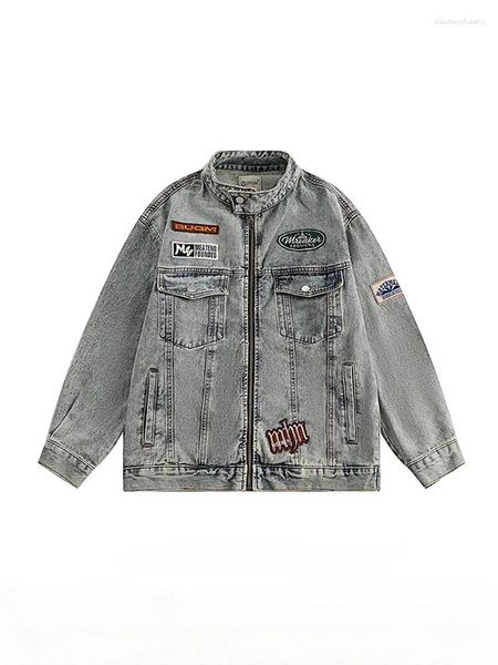 Jackets masculinos American Retro Badge Denim Jacket Denim Men and Women Brand Trendy Brand Loose Casual Casual Motorcycle Zipper Coats Masculino