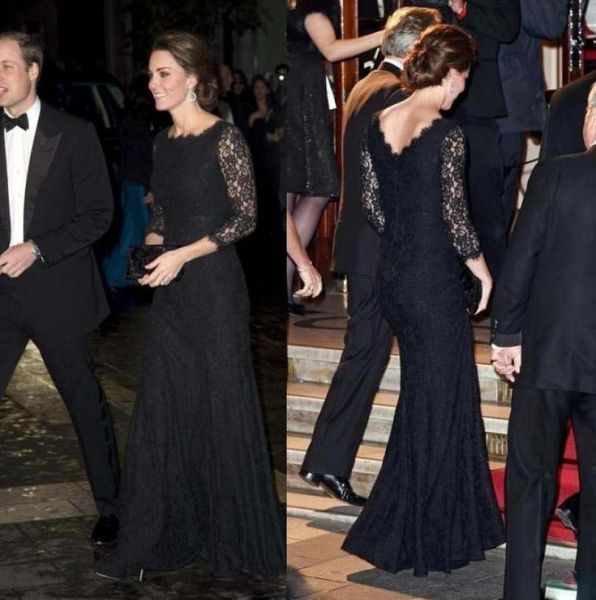 Abiti da sera in pizzo nero a maniche lunghe Kate Middleton Abito da celebrità Abito da tappeto Red Abito da sera a collo d'annata