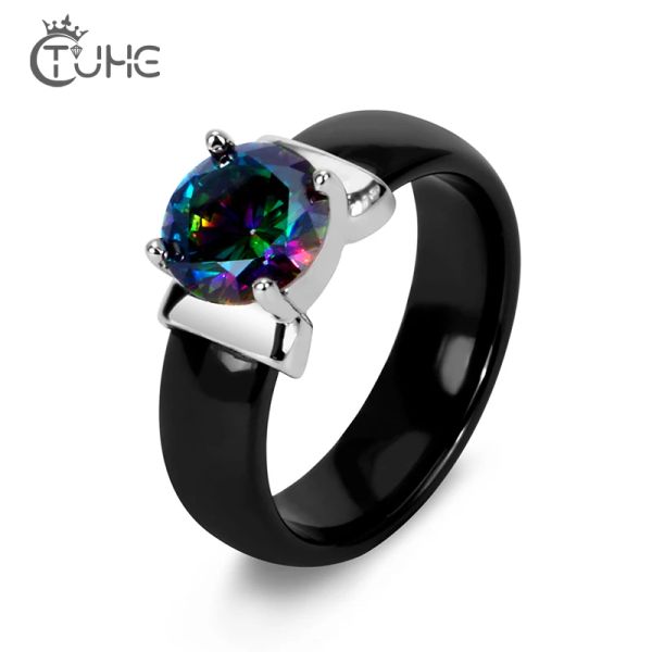 Bandas Rainbow Fire Mystic Crystal Zircon Ring branco preto anéis de cerâmica inócua mais CZ para mulheres jóias de noivado de anel de casamento