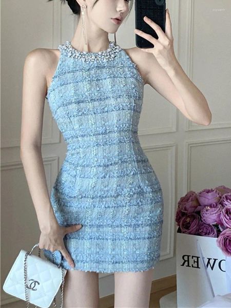 Abiti casual di lusso in perline sottile abito tweed donne donne estate Halter mini bodycon sexy senza schiena coreana vestidos abito femme