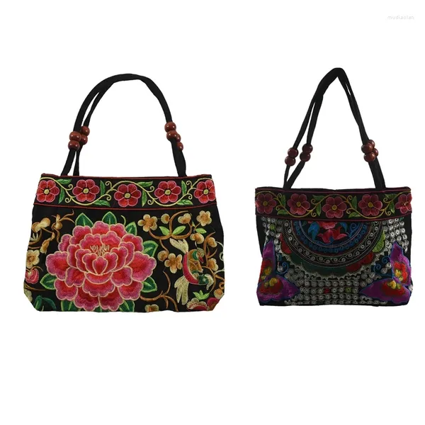 Umhängetaschen 2 PCs chinesische Stil Frauen Handtasche Stickerei Ethnische Sommer Mode Handgefertigte Blumen Ladies tte Cross-Body Red Pe