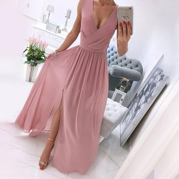 Abiti casual Donne Beach Dress Sexy Drep Deep V Neck Summer Chiffon Slip Fit A Line Midi Formale Evening Party Vestitido