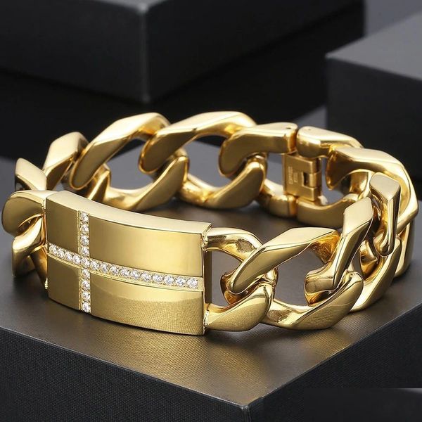 Chain Luxury Golden 14k Amarelo Bracelete Cross Cross para Homens de 20mm Bracelets Cubanos Mens Fé Christian Gifts Jewelry Drop Deliver