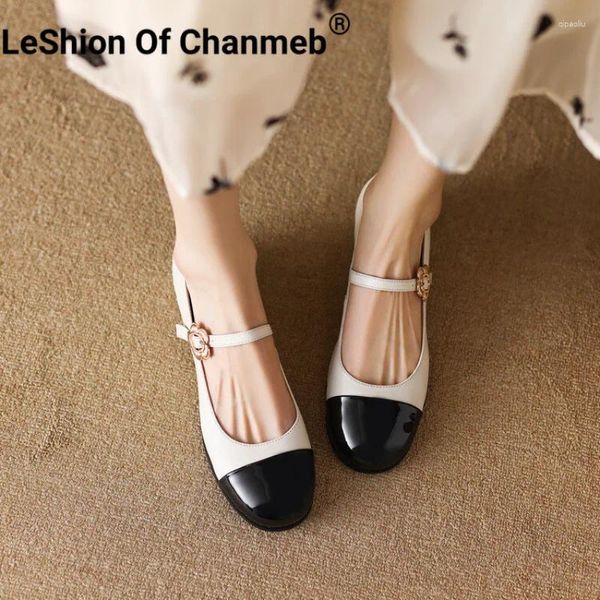 Sapatos casuais Leshion of Chanmeb Genuine Leather Mary Janes Flat Brand Flower Frostle Buckle Round Footwear Feminino Sweet 2024 Spring