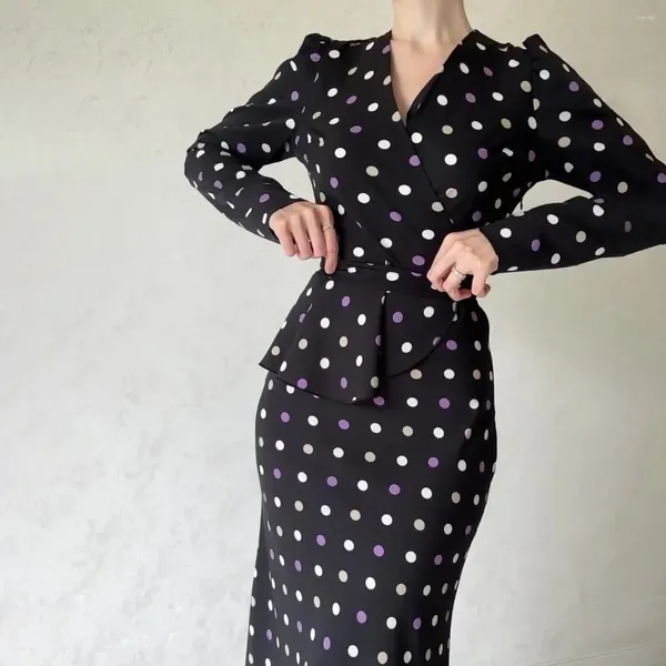 Ethnische Kleidung böhmisch florale gedruckte Maxikleiste Eleganz V-Ausschnitt mit Hüfte Wrap Women Polka Dot A-Line Abayas Long Sleeve