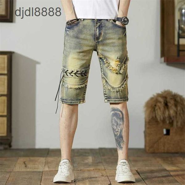 Sommer Trendy Marke Personalisierte Distressed Denim Mens Patchwork Seil tragen Burr Edge Motorrad Shorts Slim Fit Fünf -Teilen -Stretchhose