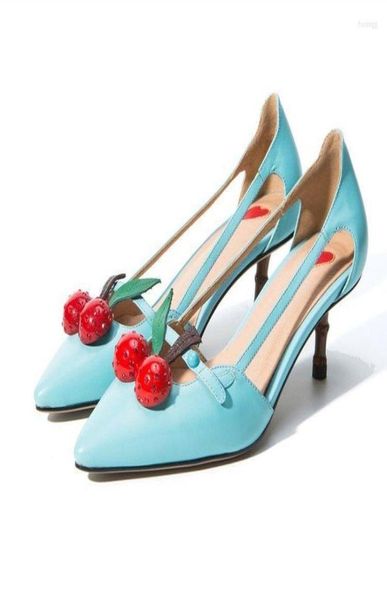 Sapatos de vestido OLOMLB Saltos de gatinho feminino Sandálias de cereja de couro PU Slip em bombas de festa pontual de ponta 6colors 20221339324