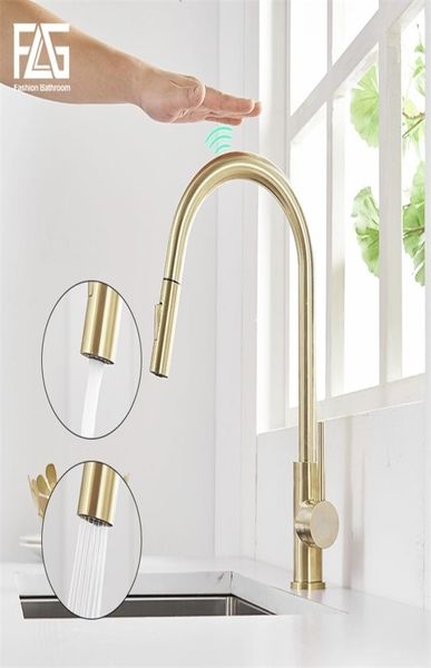 FLG Touch Control Küche Wasserhähnen Smart Sensor Küche Tippen Tipp gebürstete Gold Edelstahl Touch Wasserhahn Pull Down Waschbeckenmixer Taps T205225187