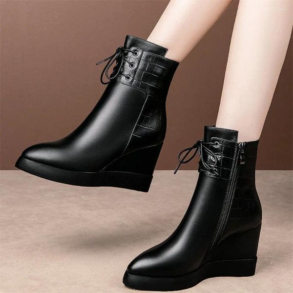 Boots Platform bombeia feminino amarrar up up couro genuíno cunha alta salto alto tornozelo feminino de inverno pontão tênis de moda