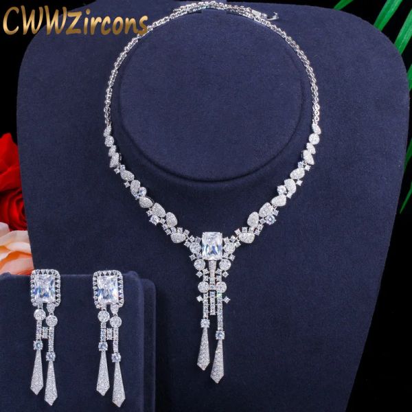 Conjunta Cwwzircon Luxury Bubai Silver Color cúbica Zircônia pendurada Drop Drop Long African Bridal Wedding Jewelry Sets Fantaspume T378