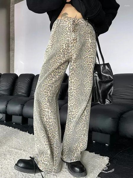 Herren Jeans Retro Leopard Print für Männer Y2K High Tailled Jeanshose Frauen Streetwear Weitbein Jean American Baggy