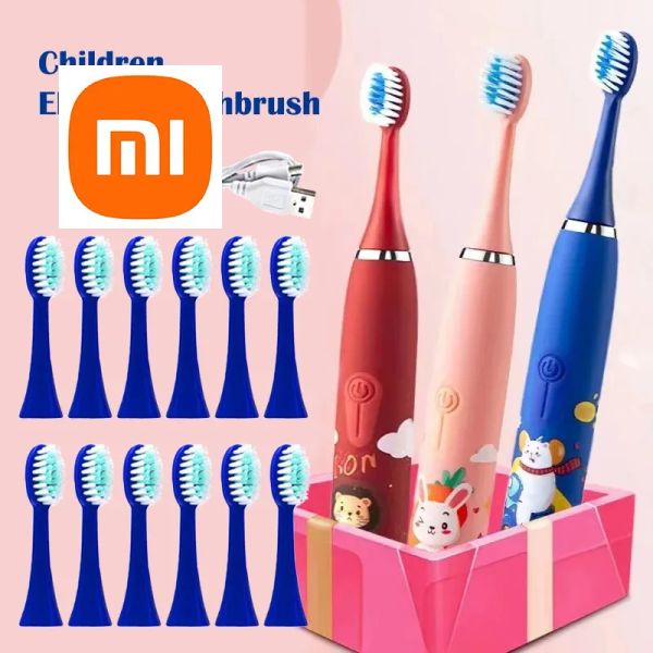 Kafalar Xiaomi Çocuk Sonic Elektrikli Diş Fırçası Otomatik Su Geçirmez IPX7 Temizlik Fırça Karikatür Çocuklar 12 PCS Yedek Fırça