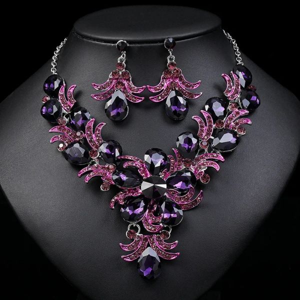 Colares luxuosos requintados conjuntos de jóias de flores de cristal roxo para mulheres acessórios para festas de casamento shinestone briols colar presente