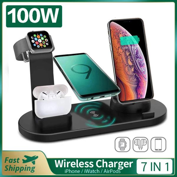 Chargers 100W 8 em 1 carregador sem fio Pad para iPhone 14 13 12 X Apple Watch Station Fast Charging Dock para AirPods Pro Iwatch 7