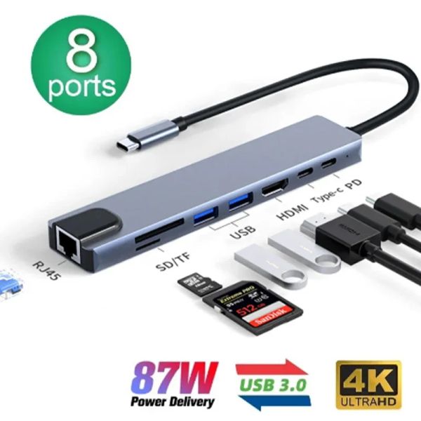 Hubs 8in1 USB C Hub Tipo C Splitter su HDMI 4K Thunderbolt 3 Adattatore per laptop stazione docking con PD SD TF RJ45 per MacBook Air iPad