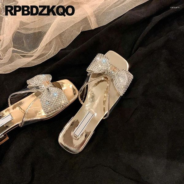 Pantofole scarpe in PVC Clear Metallic Peep TOE Festa Giolino nodo di fiocco trasparente Piatti di strass Diamond Women Sandals Slide Bowtie