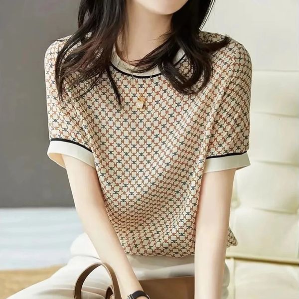 Ледяной шелк шифон элегантный футболка с коротким рукавом свободный дизайн дизайнерский печь красивая женщина блузя повседневная корейская женщина 240419