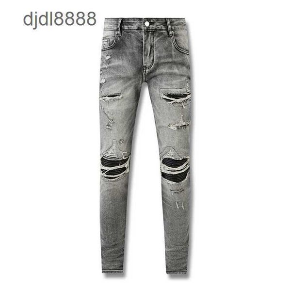 American Style High Street Smoky Grey Distressed Patchwork Leder Live Streaming Internet Promi Jeans