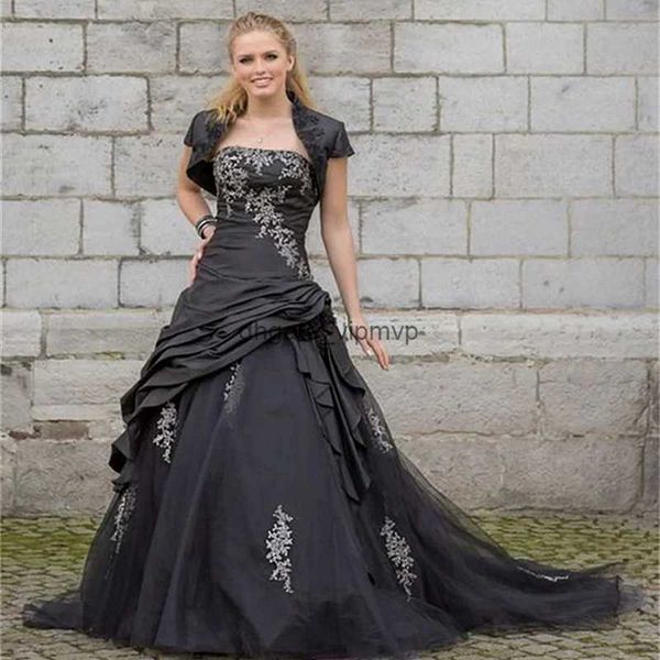 Gotisch schwarz eine Linie Brautkleider mit kurzer Jacke gerissen Satin Long Brautkleider Spitzen Applikationen drapiertes Rückenschnüre-up-Korsett Vintage Braut Kleid Kleid Schloss Vestido 2024