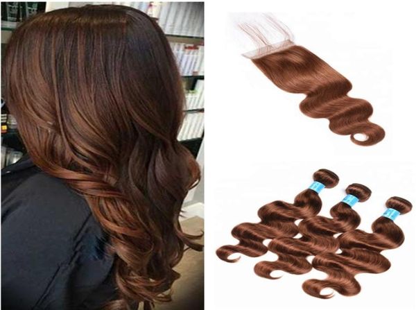 Bundle marroni al miele con colore di chiusura 4 castagne marrone brasiliano brasiliano onda di capelli vergini con i capelli con chiusura in pizzo ronzio marrone medio2534997