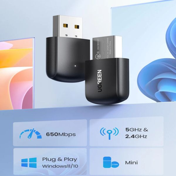Empfänger UGreen WiFi -Adapter 650 Mbit / s 5GHz 2,4 GHz Dualband USB -WLAN für PC -Desktop -Laptop WiFi Antenna USB Ethernet Receiver Network Card