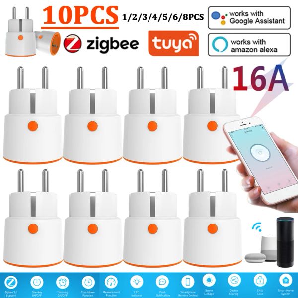 Controle 110pcs 16a Tuya Smart ZigBee 3.0 Função de tempo do plugue de energia Smart Home App Controle remoto Trabalho com Alexa Google Home UE tomada