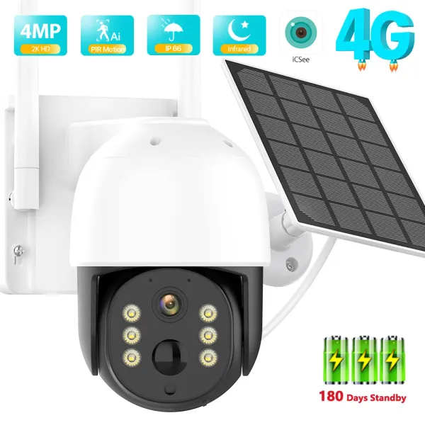 Telecamere 2K HD 4G SIM SIM Camera solare Solar Camera da 4 MP Outdoor wireless wifi integrato a batteria a batteria PTZ PTZ PIR PIR Rilevamento Audio ICSEE Audio 2way