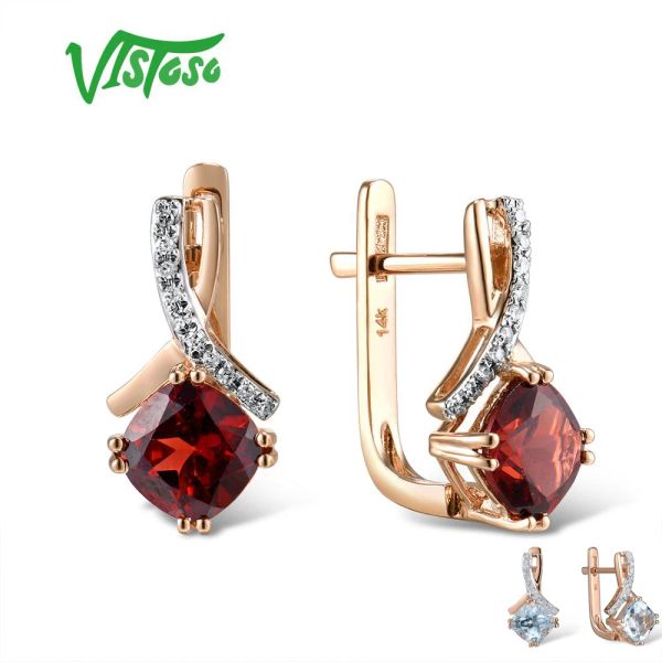 Küpe Vistoso Kadınlar İçin Altın Küpe Orijinal 14K 585 Gül Altın Radyant Garnet Köpüklü Elmas Küpe Nişan Düğün Takı