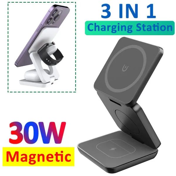 Ladegeräte 30W 3 in 1 Magnetische drahtlose Ladestation für Apple Watch 7 6 Samsung Galaxy Watch 6 5 4 Active 2 für iPhone Samsung Ladegerät